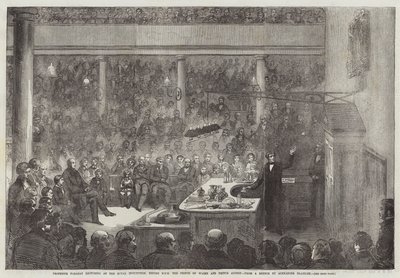 El profesor Faraday dando una conferencia en la Royal Institution, ante el Príncipe de Gales y el Príncipe Alberto de Alexander Blaikley